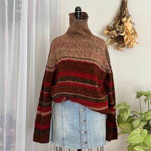 Vintage Sag Harbor Christmas Red Tan Striped Turtleneck Sweater Women's L